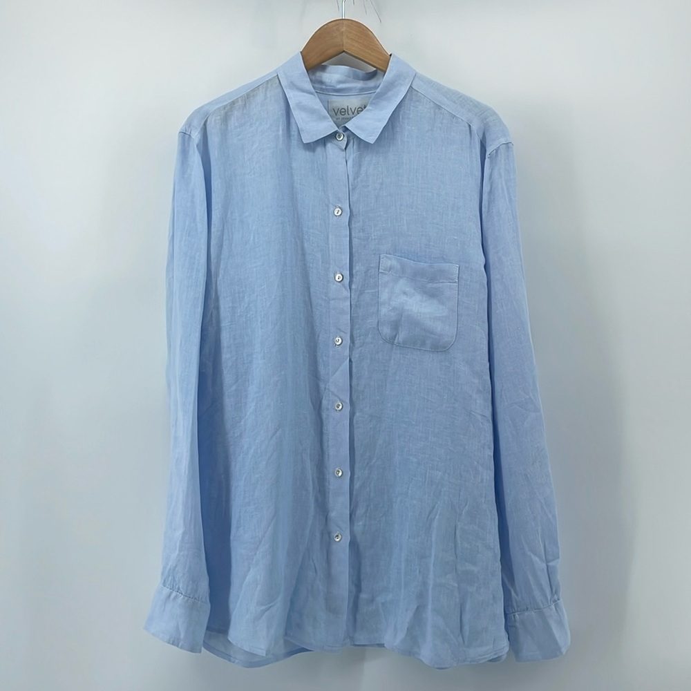 Velvet by Jenny Graham Linen Button Down in Light Blue L A15